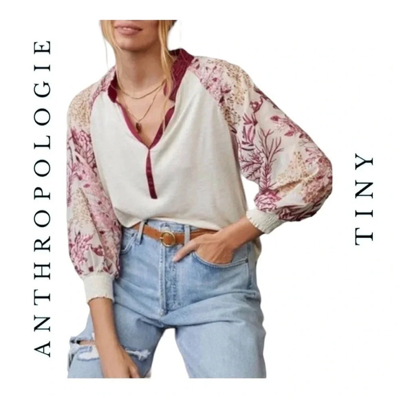 1395. ANTHROPOLOGIE TINY‎ EMBROIDERED LONG SLEEVES TOP SIZE XXSMALL CREAM/MAROON - Picture 1 of 11